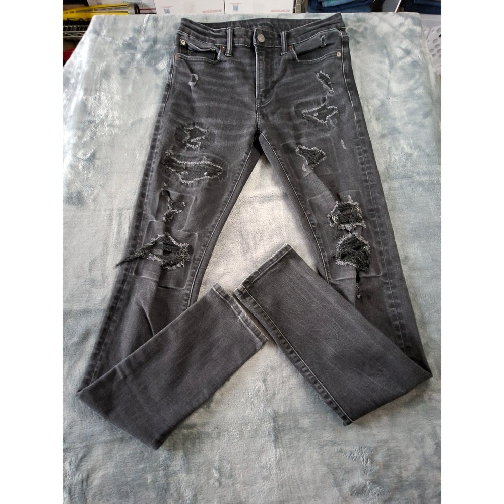 American Eagle Next Level Flex Skinny Distressed Patched Jeans Mens Faded Black‎